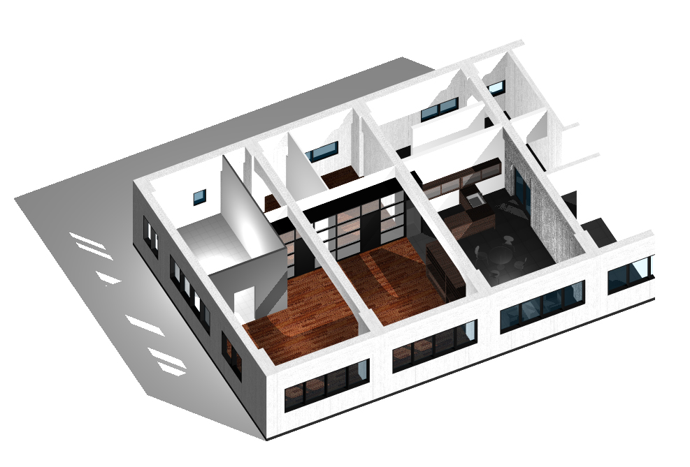 第一案は好評だったのですが、応接スペースとオフィスの関係性を重視するために不採用とし、個室と執務空間を分けるプランを再度作成しました。 オフィスの設計は動線計画が第一のため、大仰なコンセプトは全面には出てこないのですが、色々なプランを検討するうちに、空間を家具で仕切る部分と、建築で仕切る部分が混在している様相はなかなか面白いなあと思い始めました。建築を家具のように置く・家具を建築のように造り込む。両方のアプローチを同時に行うことで、さもトンネルが開通するような、何か新しい道筋が得られればと思ってプランニングしています。
