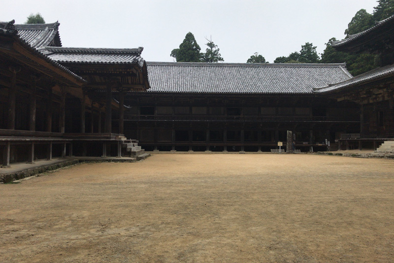 摩尼殿を抜けて巨木の生い茂る森を抜けると、３つの巨大な建物が現れます。左：常行堂、正面：食堂、右：大講堂。