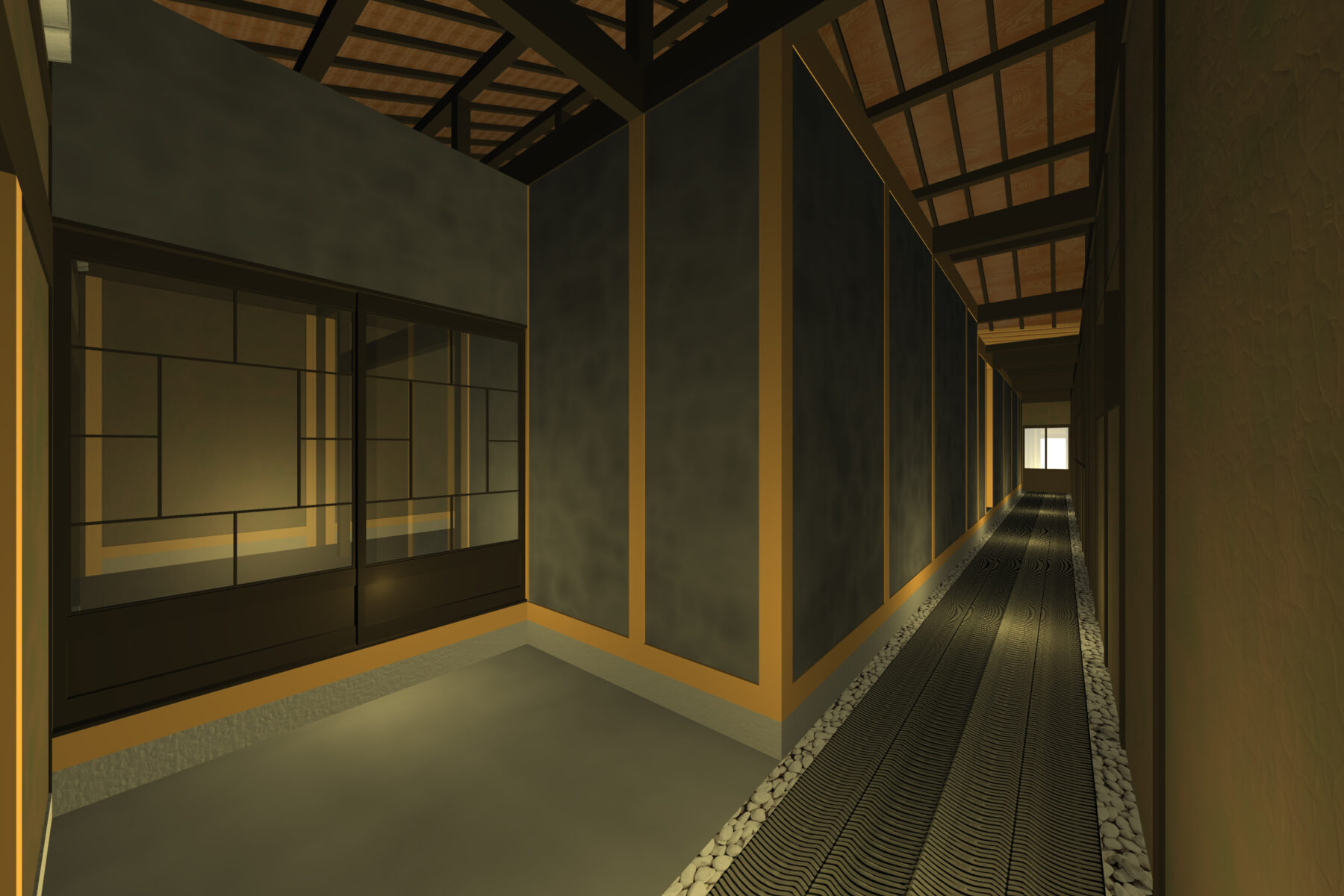 南北にアクセスのある条件を生かして細長い路地を設け、解体で不要となった瓦を敷き詰める。