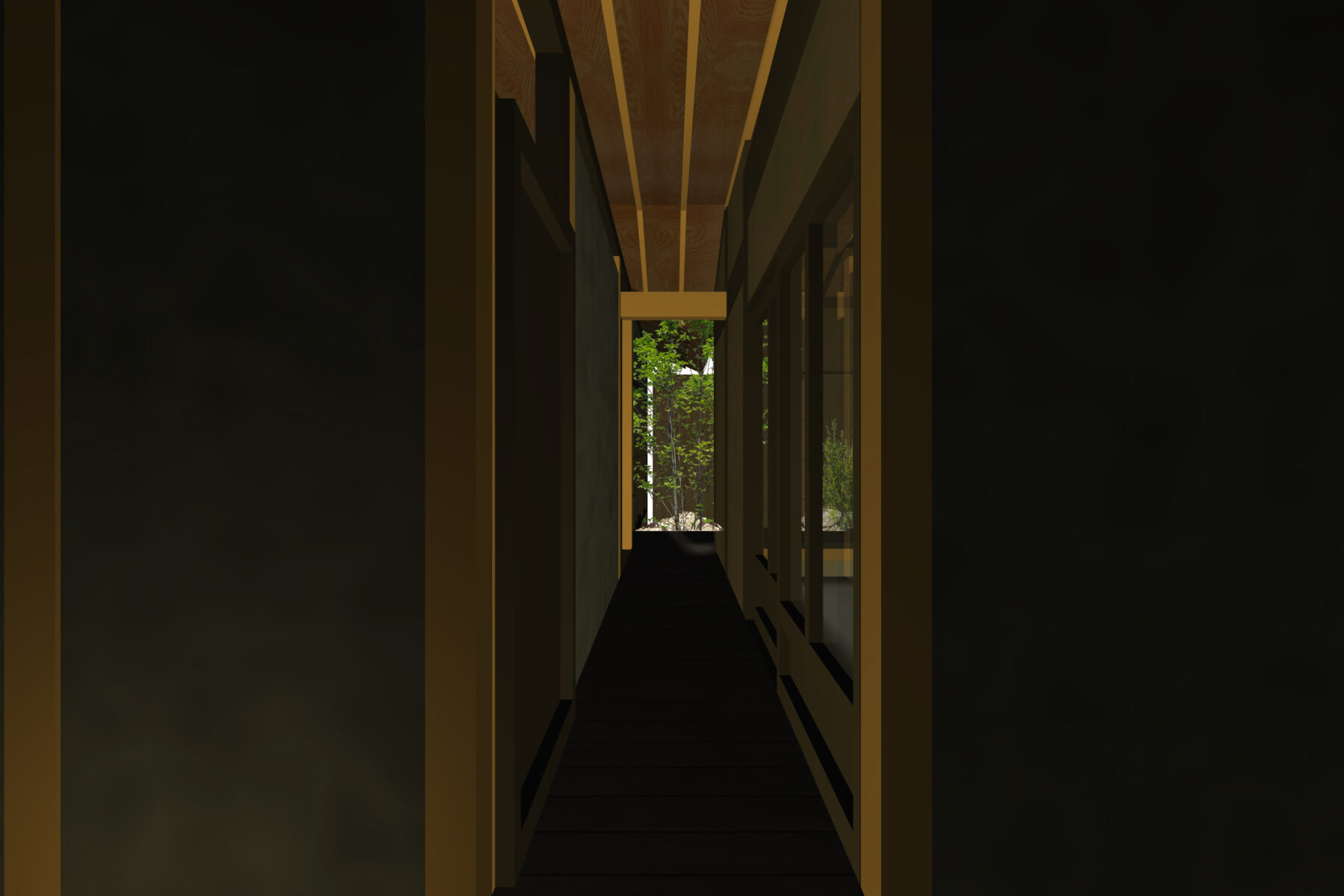 長い路地の中央部には中庭に通ずるスリットを設け、縁側を介したアプローチも可能なゾーニング。