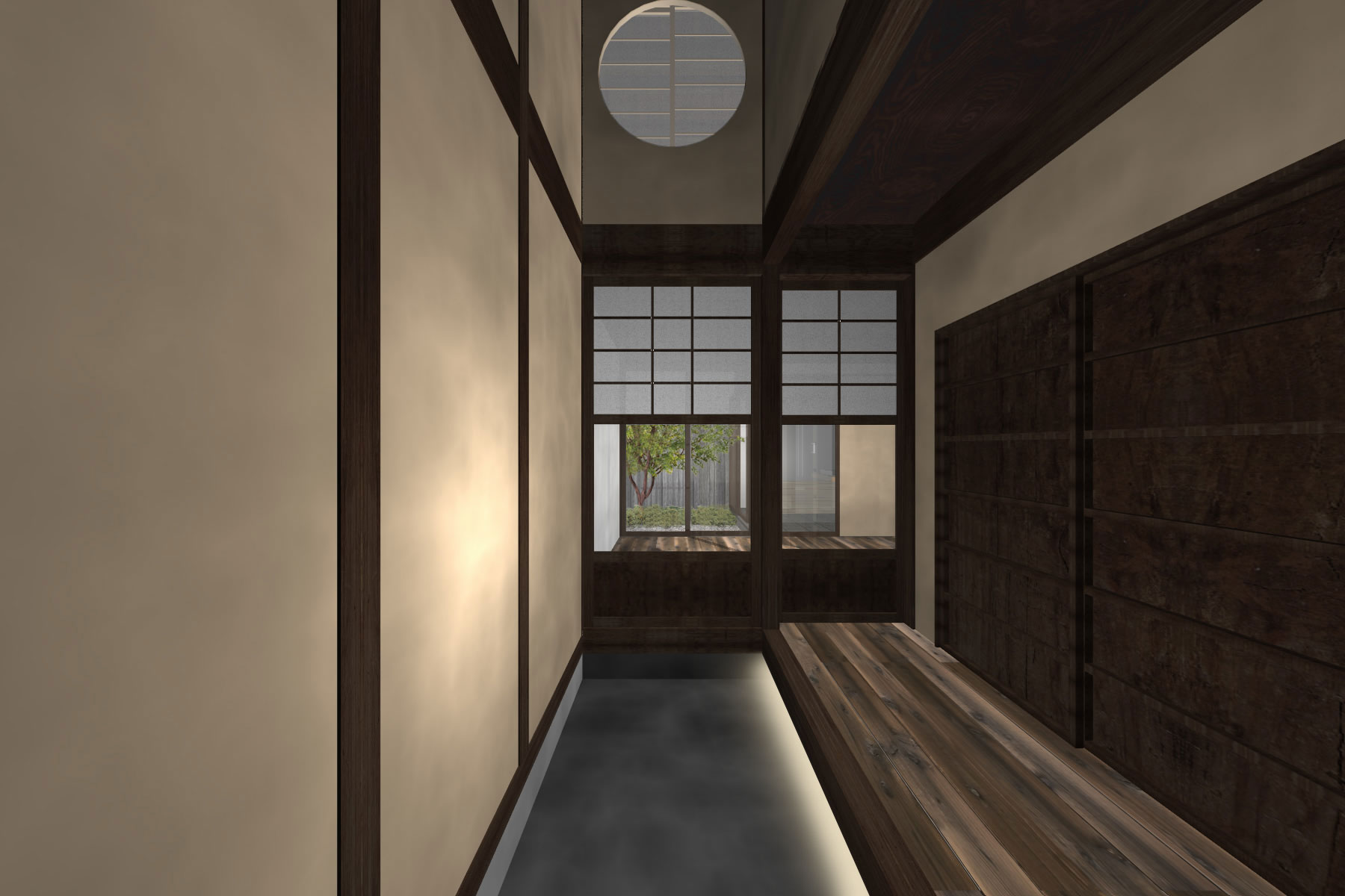 玄関。正面ガラス越しに庭の緑が目に入る。頭上は大屋根まで吹き抜けている。2 階の丸窓から見下ろすことも出来る。壁は漆喰中塗り仕上げ。床は墨入りモルタル。