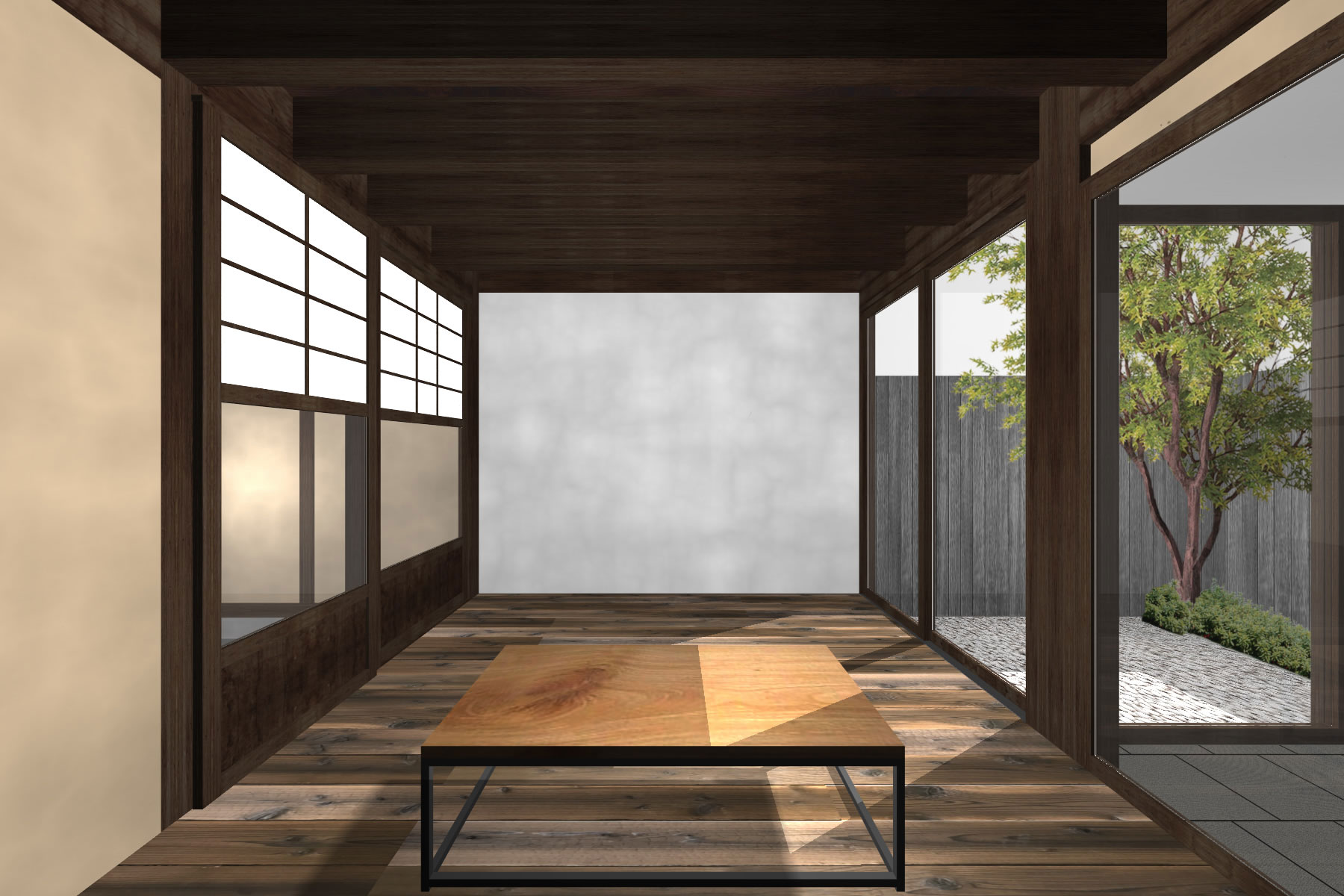 南側の庭に開いた居間。床は杉フローリング。階高が低いため天井は貼らず梁表しとする。白漆喰壁はプロジェクションに利用。