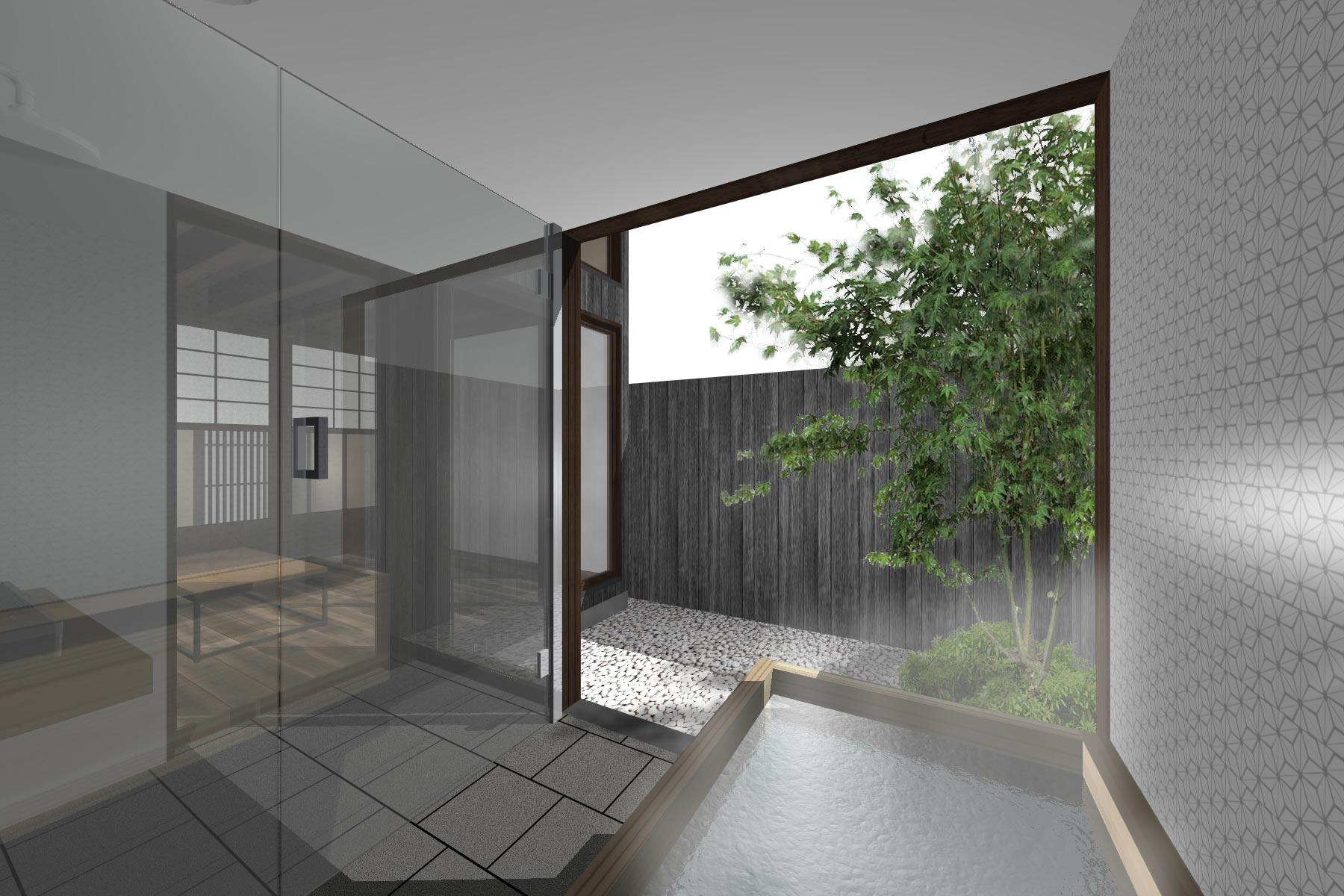 バスルームから中庭を見る。引戸を洗面側へ引き込めば、半露天風呂となる設え。