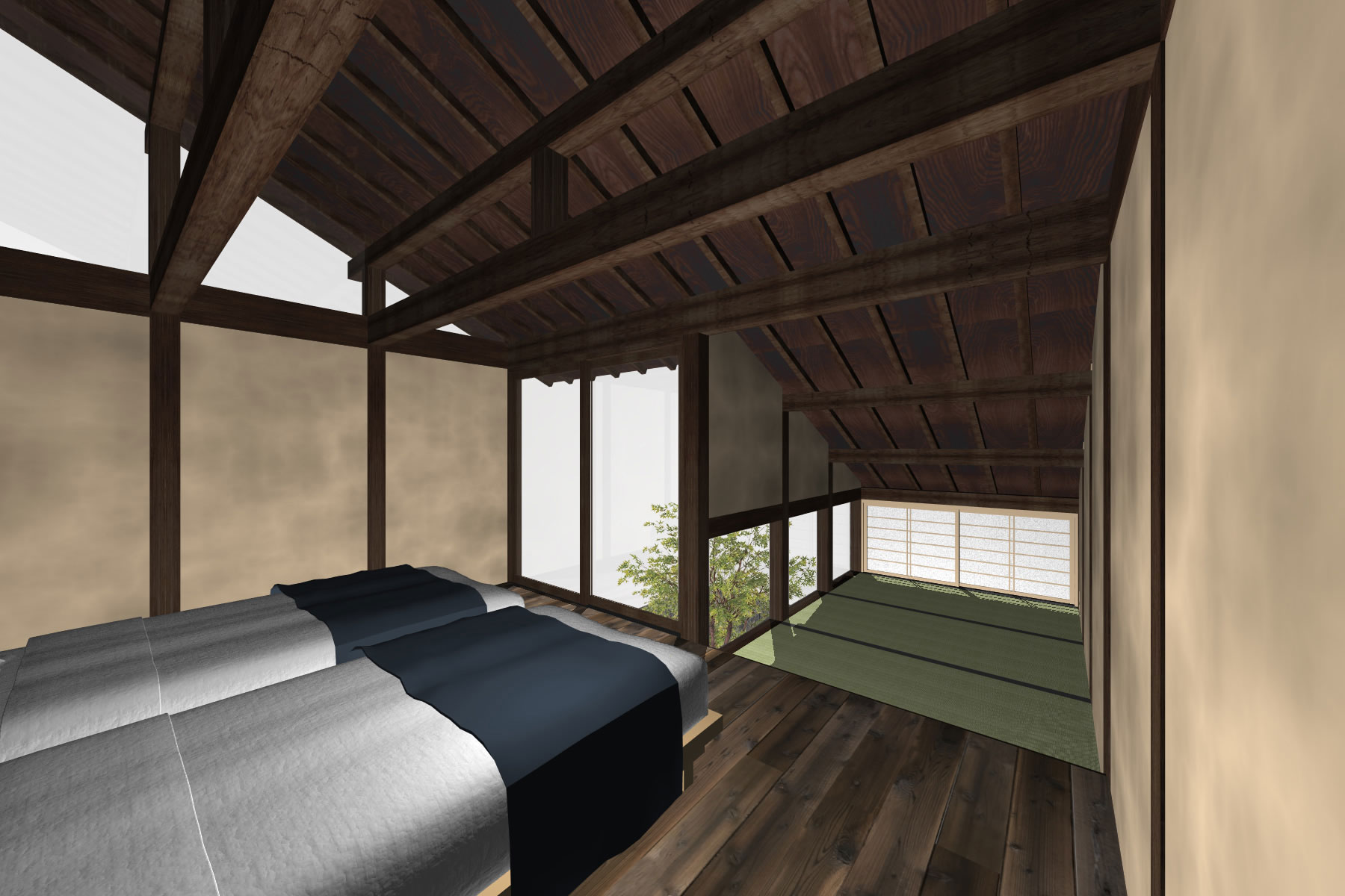 ２階寝室。東西のハイサイドライトから光が入る。大屋根下の空間を3 帖の和室として生かす。