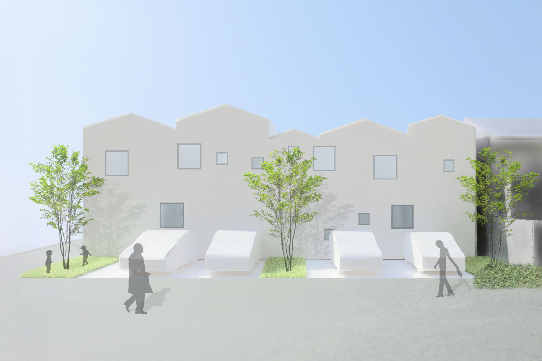 軒の高さや間口がことなる切妻屋根が連なる立面。周辺の街並みを引用。