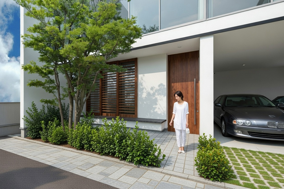 居宅アプローチ。植栽で軽く道路と距離を取りつつ、和室外に近所の方々とおしゃべりできる縁側を設ける。