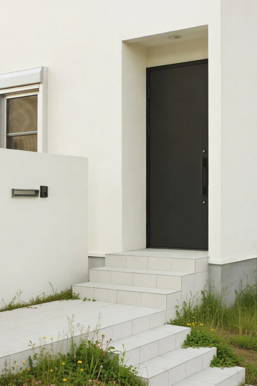 玄関扉や床タイルは、装飾過多な物が多い施工業者指定品からシンプルなものを厳選。