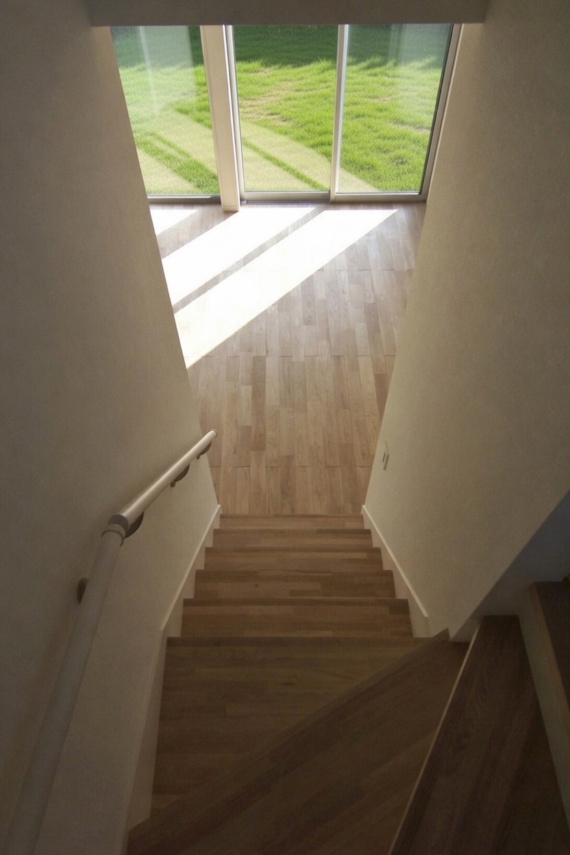 階段見下ろし。床材は建売業者との交渉により無垢フローリングを採用。手摺は既製品。