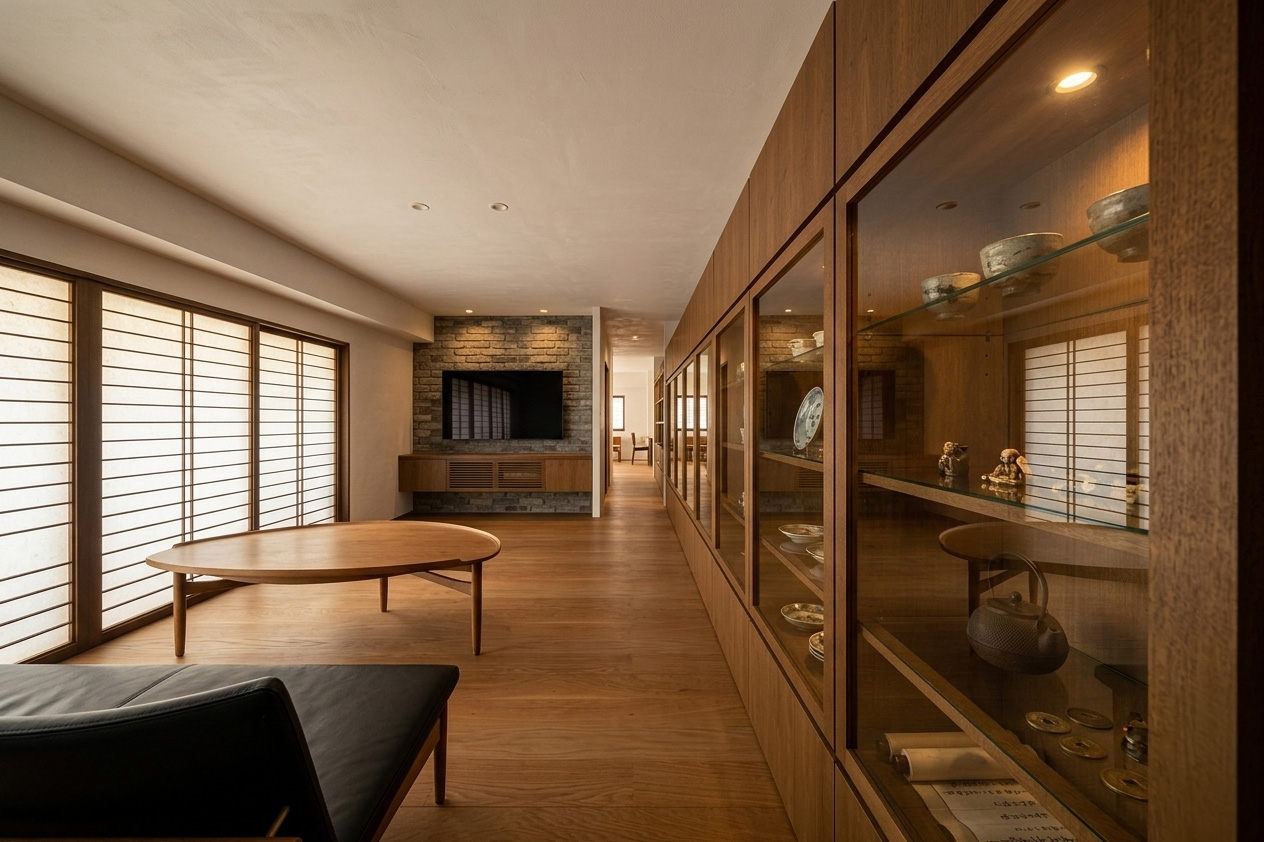 建物形状を生かしたリニアなリビング。奥が主寝室。