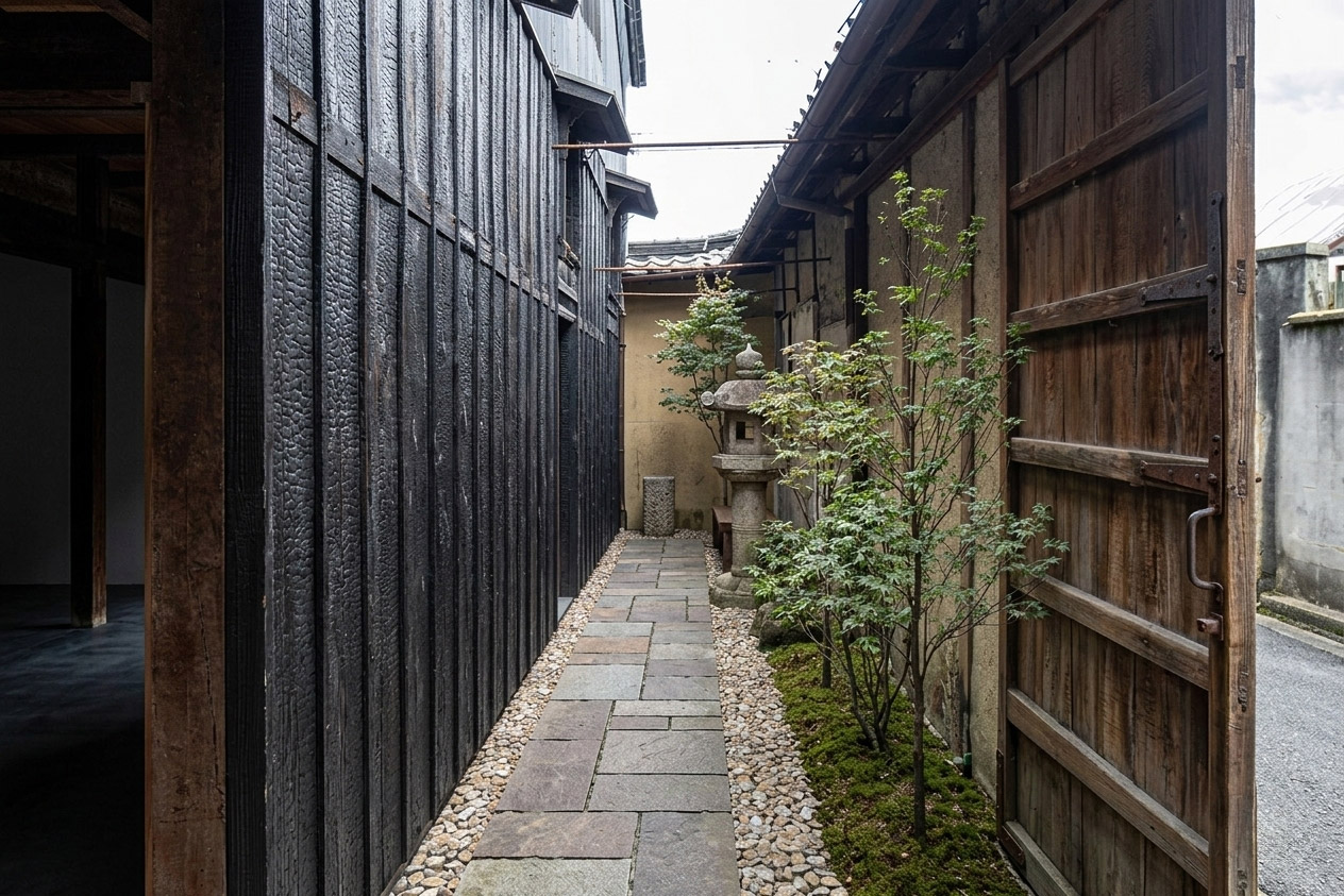 放置されていた塀と酒蔵の間のスペースを露地として活用。