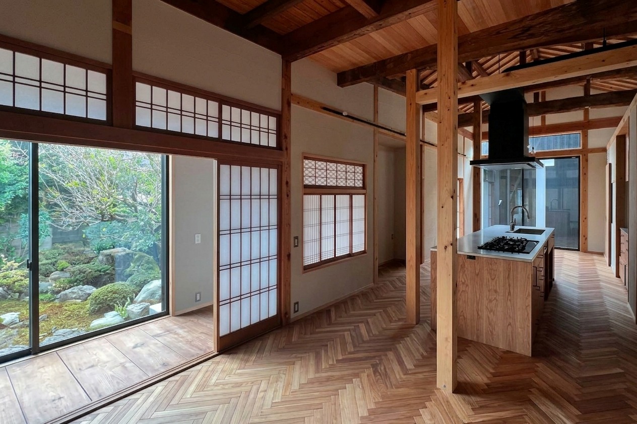 和室の設えや古い無垢材・架構の持つ力強さ・大らかさと、現代的な生活や性能とが歪み合うことなく共存共鳴できるような在り方。