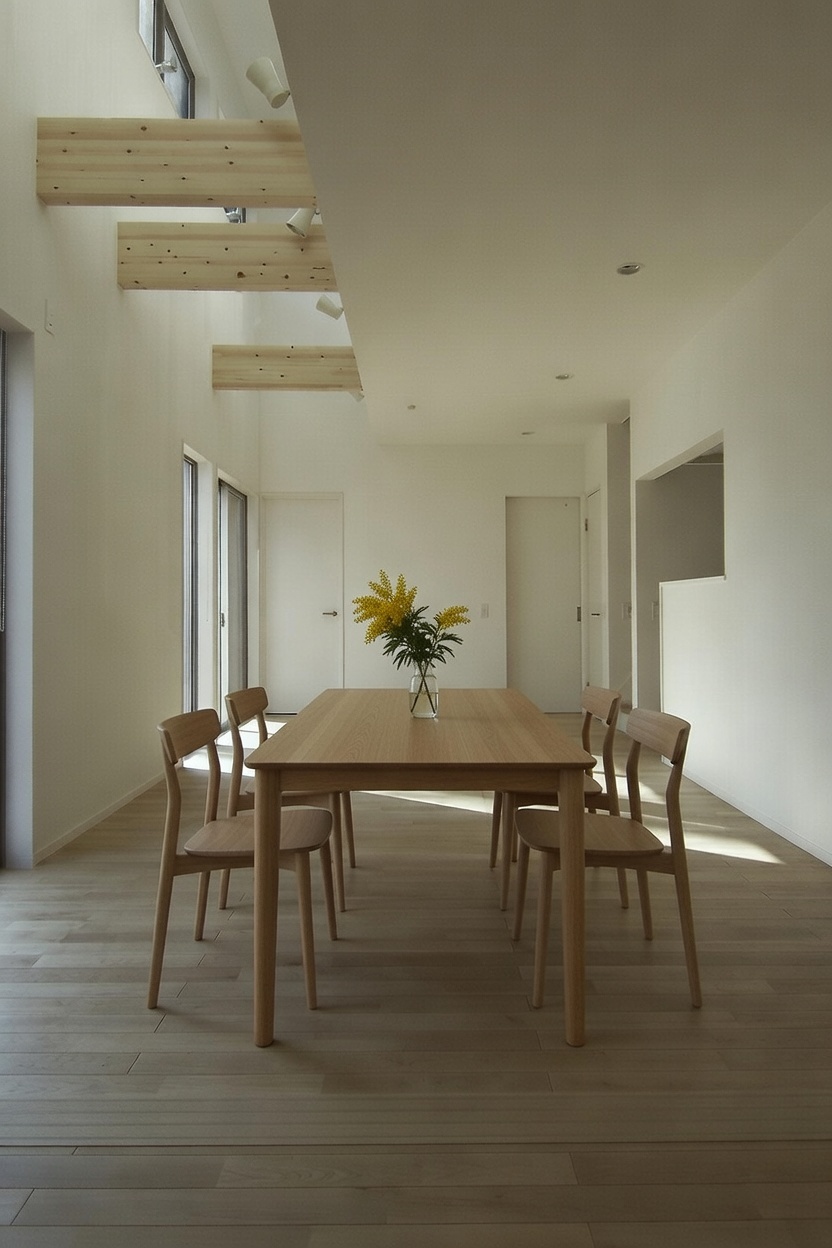 LDK。細長いスリット吹き抜けの上はライブラリ。