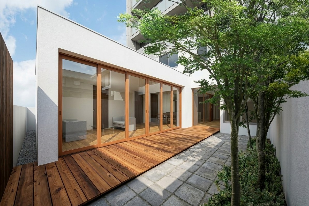 居宅中庭。LDKに大きく開きつつ、浴室からも緑が楽しめる配置。