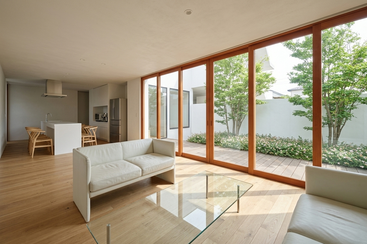 上階からのプライバシーを守りつつ庭に大きく開いた居宅LDK。